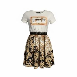 White Top Black and Gold Baroque Skirt Short Sleeve Dress
